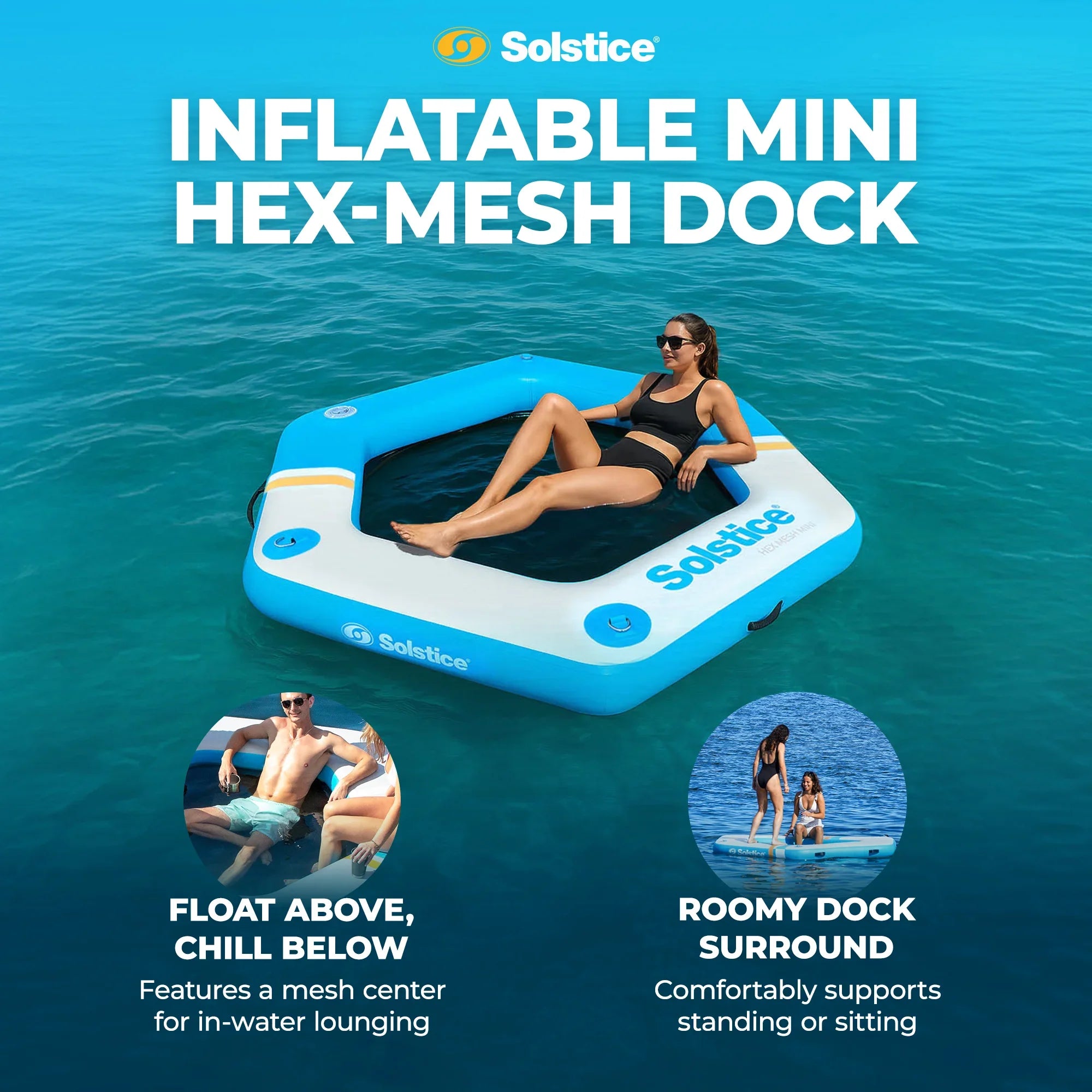 Available in 2 Sizes specs graphic for the Solstice Hex Mesh Mini Dock showing 8'6" and 6' dimensions, folded size, weight, and capacity