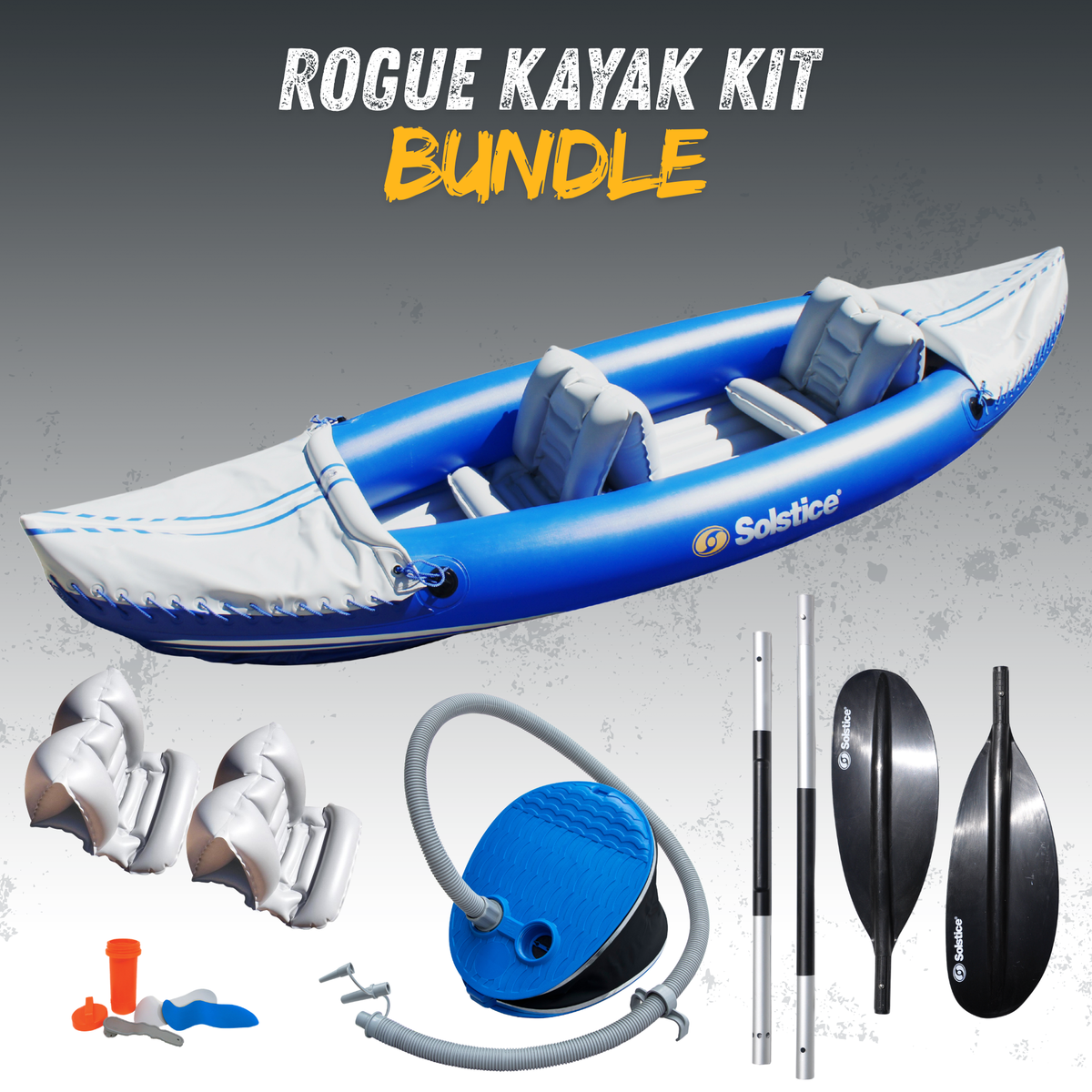 Solstice Rogue Kayak Kit bundle with the inflatable kayak, two seats, 4-piece paddle, foot pump and repair kit