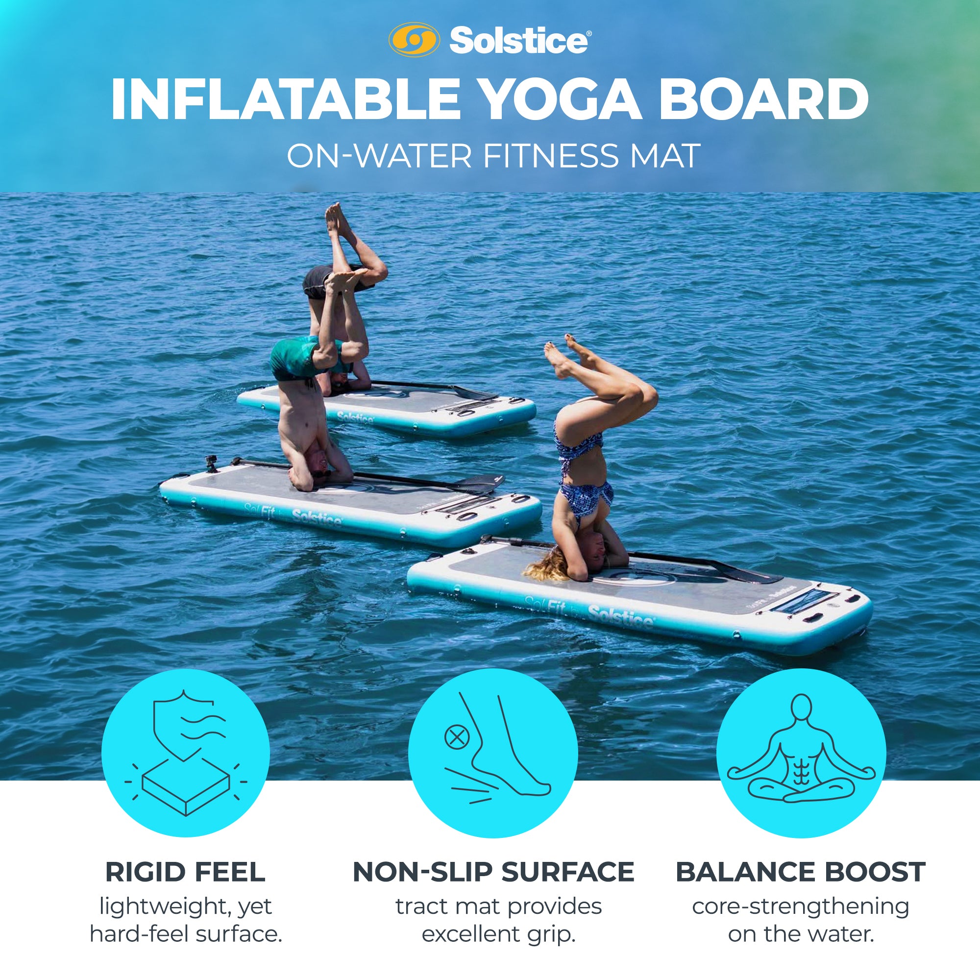 Solstice SolFit floating fitness mat used to hold a yoga pose on the water