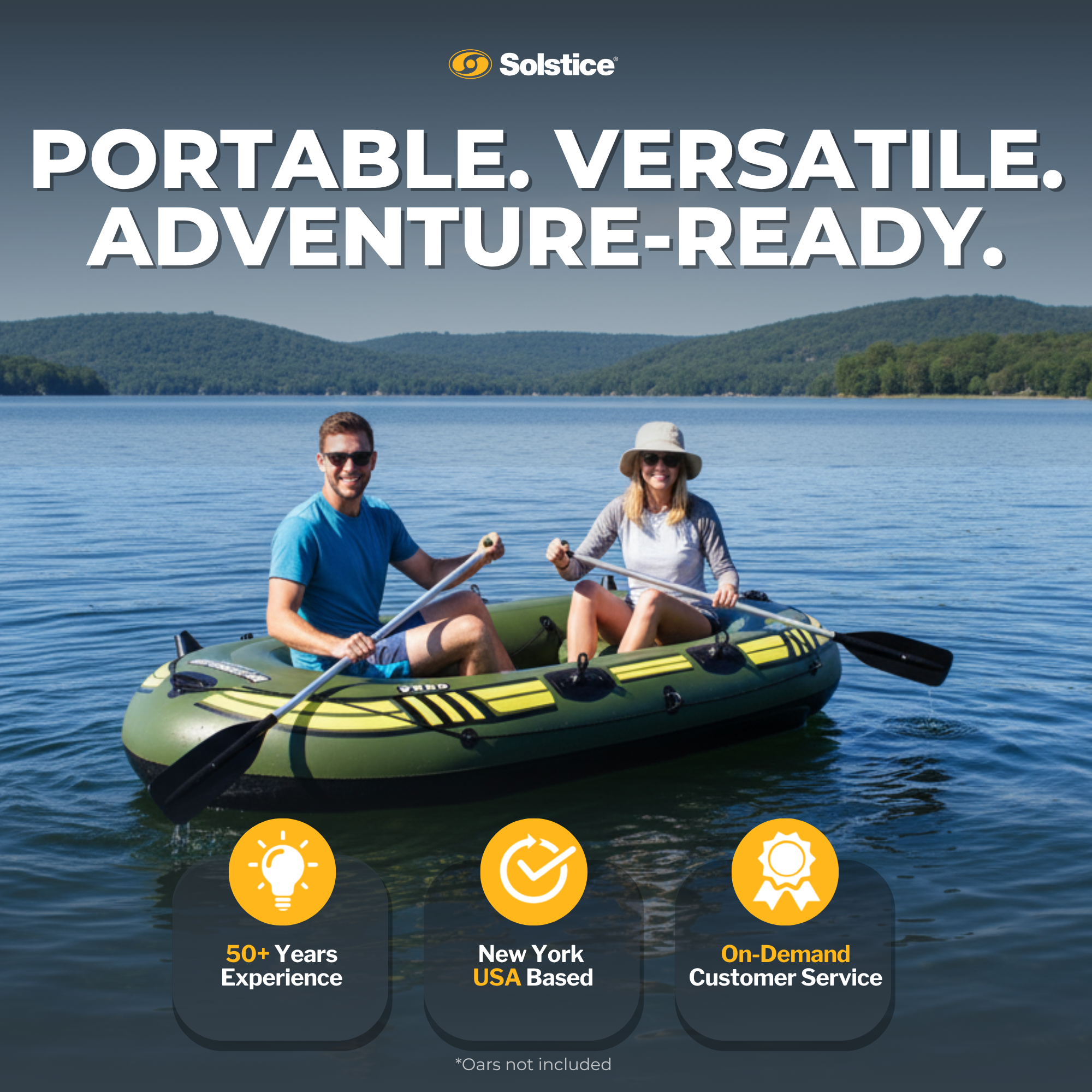 Solstice Outdoorsman lifestyle graphic with anglers aboard and brand trust badges