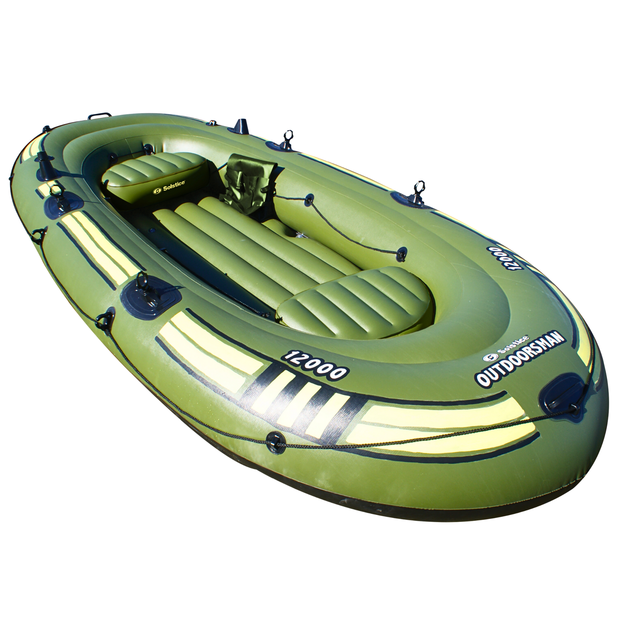 Solstice Outdoorsman 12000 6-person green inflatable fishing boat studio view
