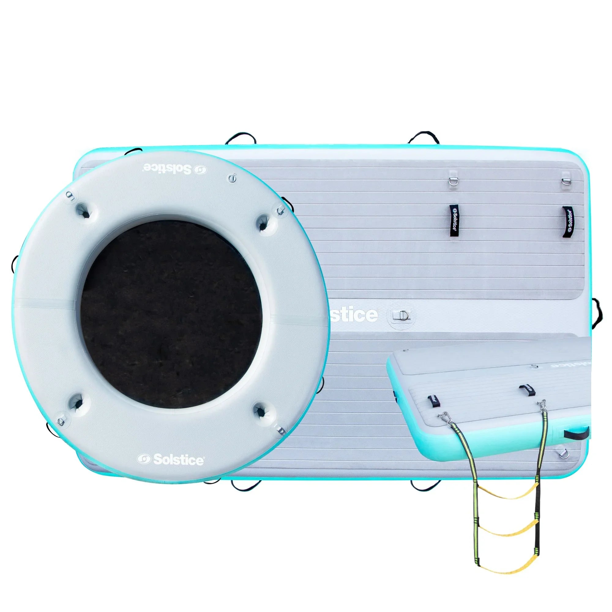 Solstice Luxe Traction 8x5 Dock and 8-foot Circular Mesh Dock from the Luxury Blue Docks Set on a lake