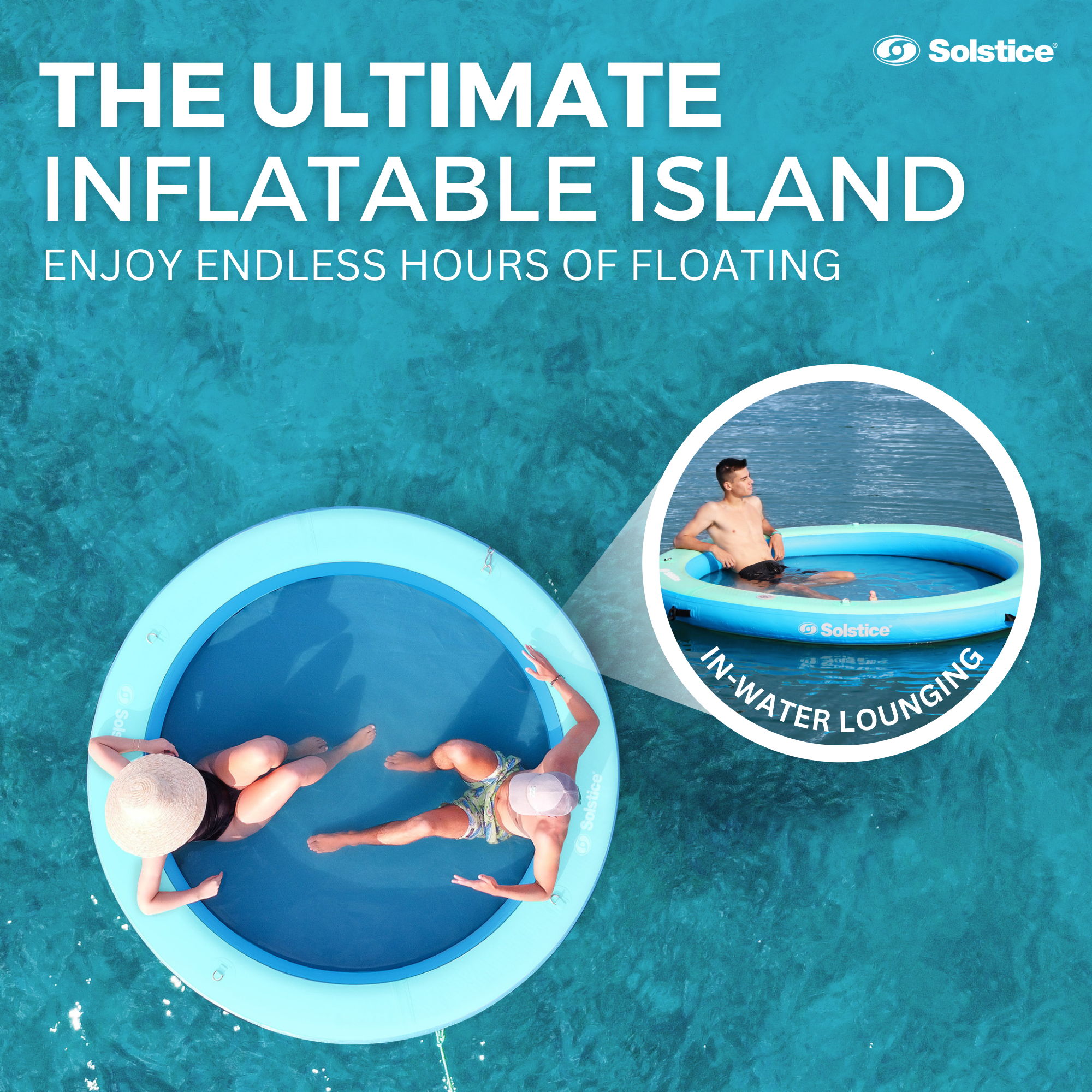 The Ultimate Inflatable Island lifestyle graphic for the Solstice Hangout Ring showing people floating in the mesh center