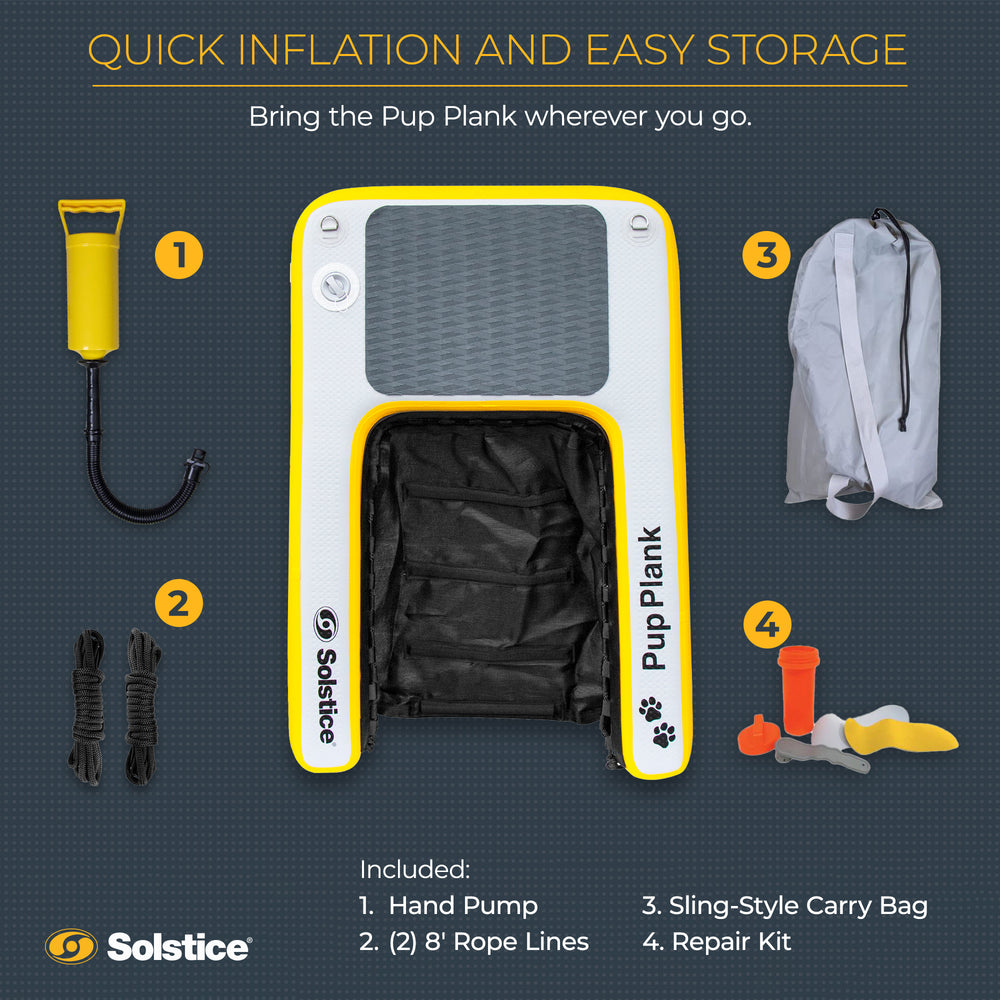 Pup Plank rolled up next to the carry bag and hand pump
