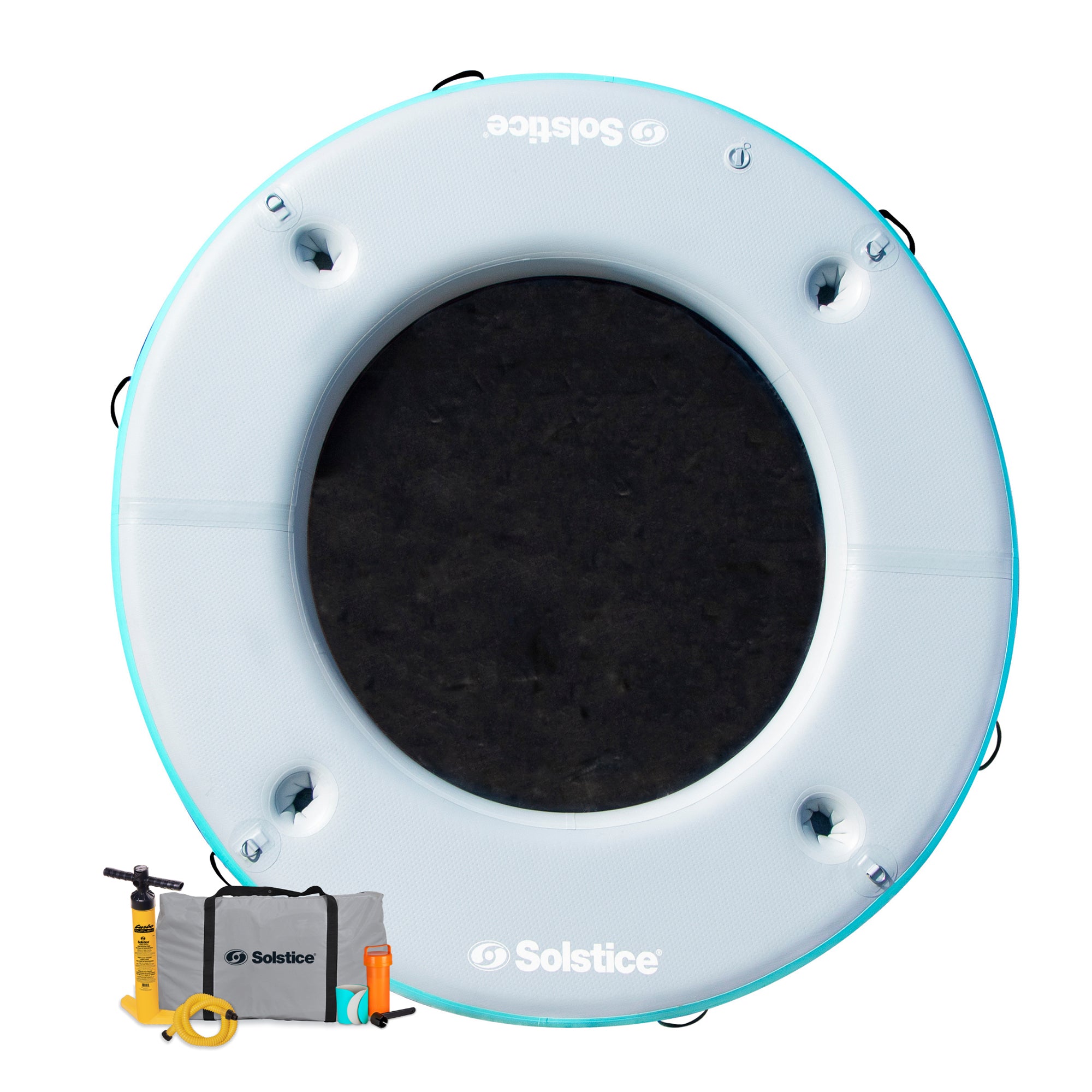 Solstice circular inflatable floating dock with marine-grade mesh center and rigid drop-stitch ring on lake